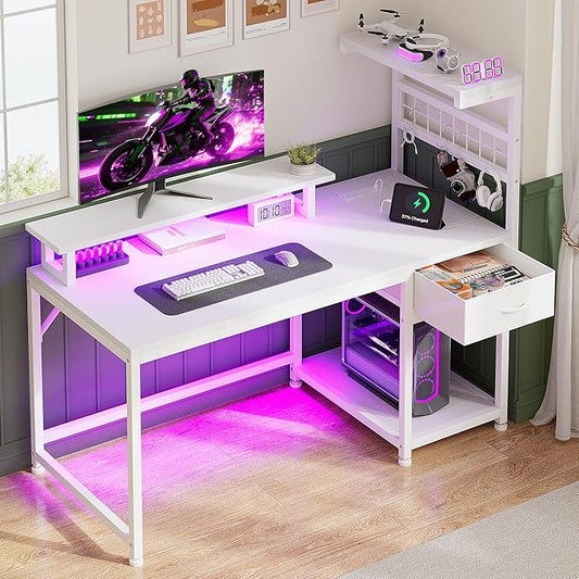 EnHomee 40" Computer Desk with Drawer & Storage Shelves, Home Office Desk with Monitor Stand, Gaming Desk with LED Lights & Power Outlets for Living Room, Study Room, Gaming Room, White