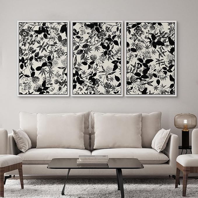 SIGNWIN Framed Canvas Print Wall Art Set Black and White Botanical Collage Monochrome Floral and Leaf Illustrations Modern Art Decorative Abstract for Living Room, Bedroom, Office - 16"x24"x3 White