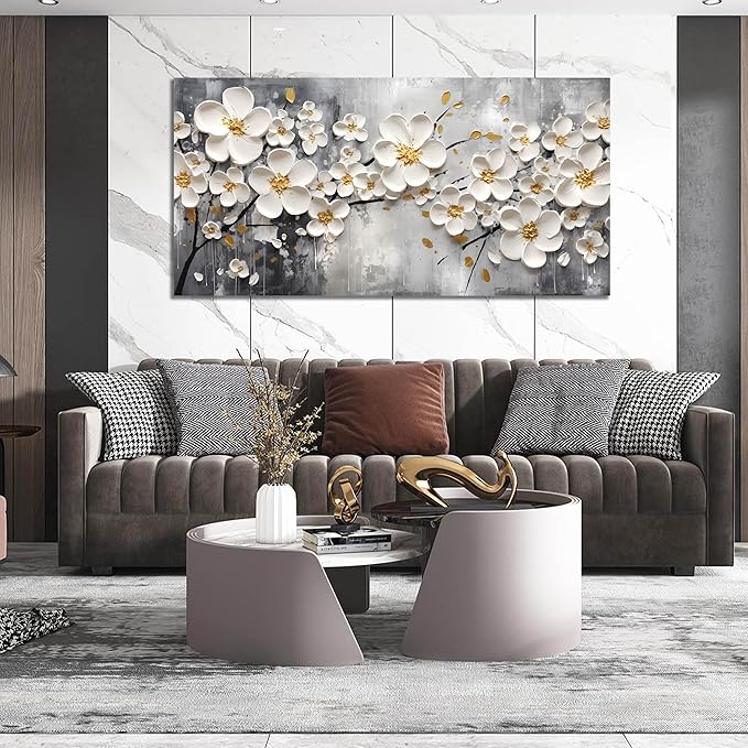 Large Pictures for Living Room - White Flower Canvas Wall Art for Bedroom - Modern Wall Decor for Office Women Size 29" x 59"