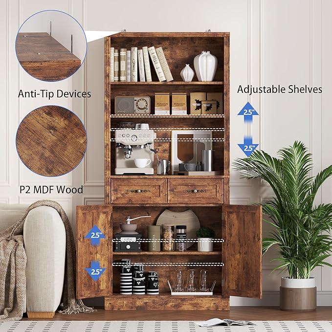 70.1" Tall Bookshelf with Drawers & Cabinet, 5-Tier Floor Standing Bookcase with Storage Doors, Adjustable Shelves & Metal Handles, 31.5" Wide Organizer for Home Office, Living Room