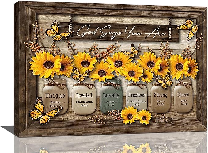 Christian Sunflower Wall Art Rustic Sunflower Butterfly Pictures Wall Decor Country Bible Verse Canvas Painting Modern Home Artwork Decoration for Bathroom Living Room Bedroom Office Framed 24"x16"