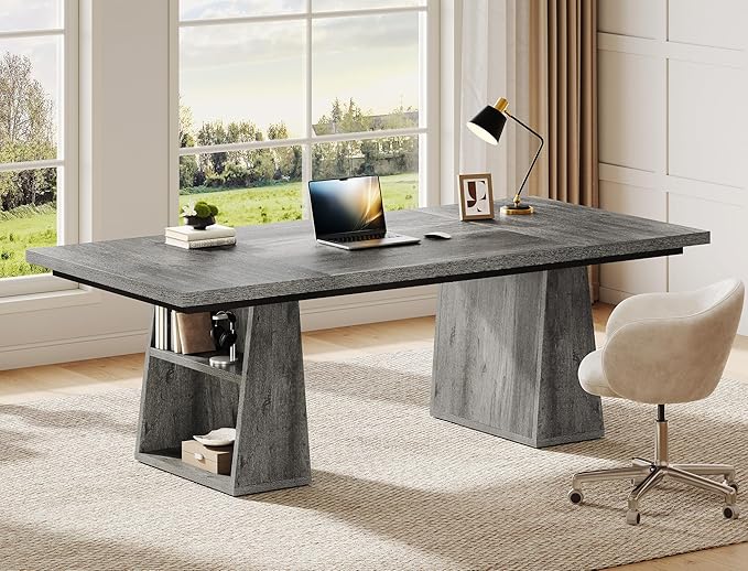 YITAHOME 63" Executive Desk, Large Office Desk Computer Desk with Double Pedestal and Storage Shelves, Wood Simple Workstations Writing Table Conference Table Business Furniture for Home Office, Grey