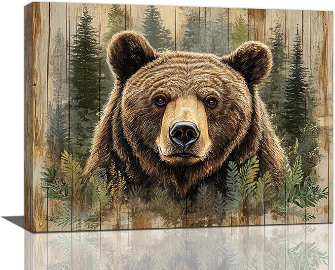 Farmhouse Bear Wall Art Rustic Forest Pictures Decor Woodland Wildlife Painting Canvas Print Modern Home Decoration Artwork for Living Room Bathroom Bedroom Office Framed 16"x12"