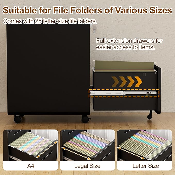 3 Drawers File Cabinet, Mobile Filing Cabinet with Lock, with 25 File Folders, Steel, Fully Assembled Except Casters, for Home Office, Black