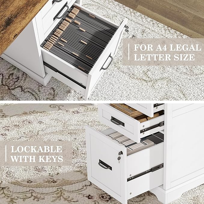 Alohappy 67'' L Shaped Desk with Drawers, Farmhouse Corner Computer Desk with File Storage and Charging Station for Home Office, White