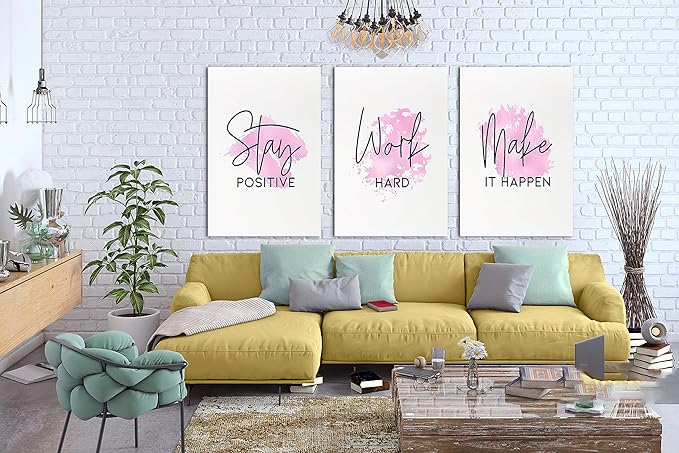 SHMAO Pink Office Canvas Wall Art Motivational Wall Decor, 3 Piece Stay Work Make Print Pictures for Office Wall Decor Women Inspirational Framed Artwork Home Office Decor 24”x36”x3 Panels