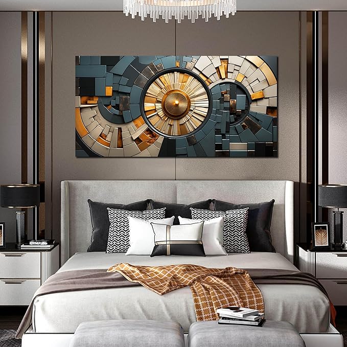 Abstract Canvas Wall Art for Living Room Bedroom Office Gold and Black Large Wall Art Geometric Abstract Picture Framed Wall Decor Modern Canvas Prints 29x59 In