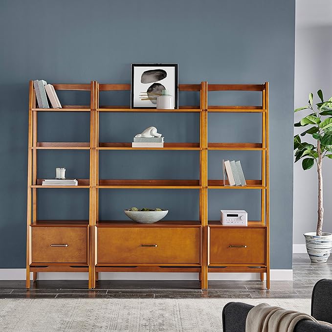 Crosley Furniture Landon 3-Piece Bookshelf Etagere Set, Bookcase with Shelves and File Drawers, Acorn
