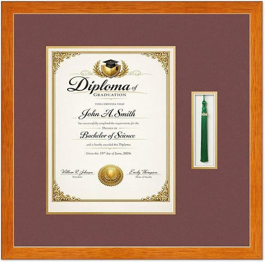 Diploma and Tassel Frame Fits 10 x 13 College Diploma (Portrait Traditional) Wi Honey Oak Genuine Hardwood Shadowbox with Dark Red Over Metallic Gold Double mat