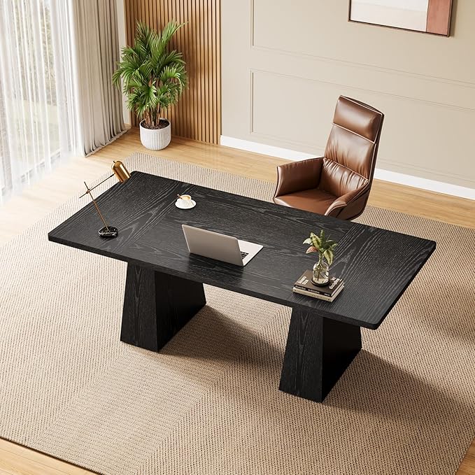 Tribesigns 63-Inch Executive Desk, Modern Black Office Computer Desk with Sturdy Double Pedestal, Large Study Writing Table Simple Workstation for Home Office