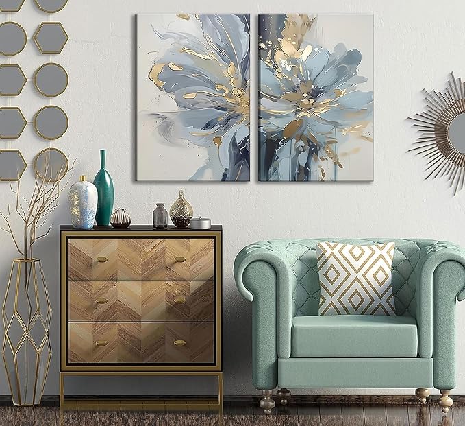 2Pcs Neutral Abstract Floral Canvas Wall Art Luxurious Light Blue Grey And Gold Flower Painting Pictures Wall Decor Poster Print Artwork for Living Room Bedroom Bathroom Home Decoration