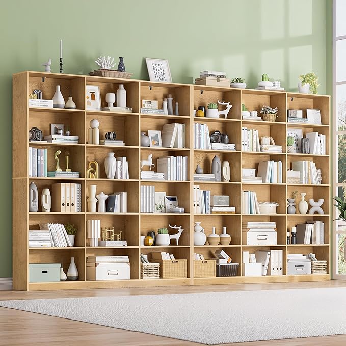 Natural Bookcase with Open Display Shelves, Large Triple Wide Bookshelf, 71.6” Tall 6 Tier Book Case for Living Room, Home Office, Library Bookshelf 2PCS