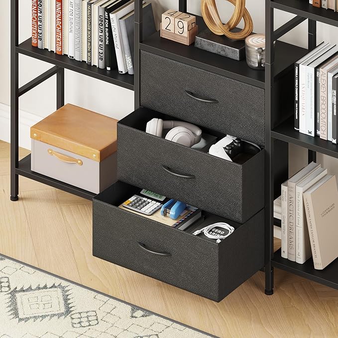 Triple Bookshelf with 3 Fabric Drawers, 5-Tier Book Shelf and 10 Display Shelves, Industrial Large Bookcase for Home & Office, Black, 47'' Wide