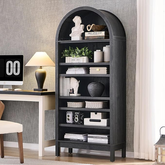 71" Tall Arched Bookshelf, 7 Tiers Arch Bookcase with Storage, Modern Farmhouse Book Shelf with Adjustable Shelves, Wood Bookshelf w/Open Display Shelves for Living Room, Office (Dark Grey)