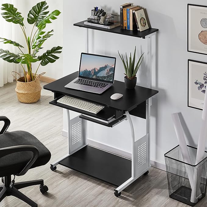 Yaheetech 2 Tier Mobile Computer Desk with Printer Shelf & Keyboard Tray Rolling Computer Table for Small Spaces, Compact Study Workstation with Wheels, Space Saving, Black
