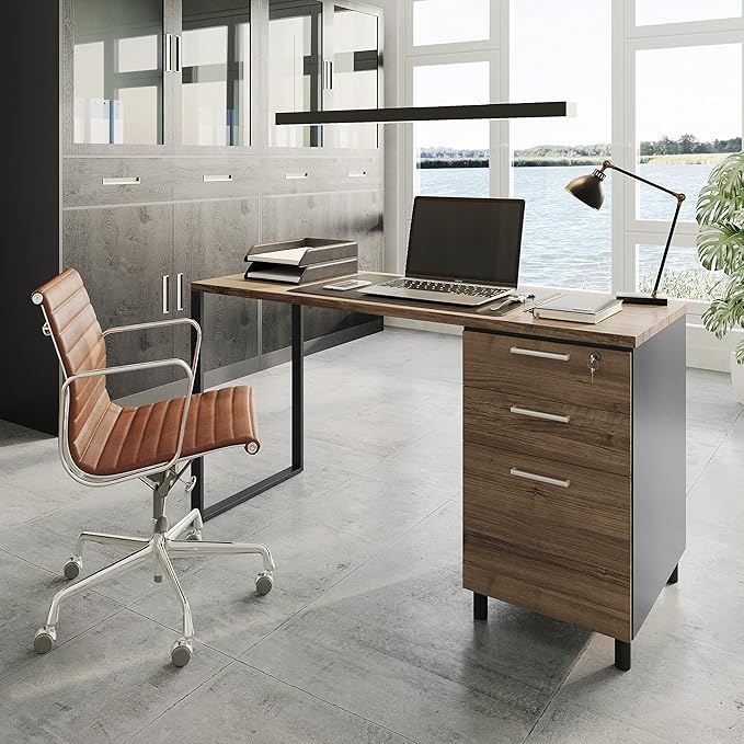 Modern Design Milano Office Computer Desk with 3 Locking Drawers, 48 Inch Walnut and Black Industrial Wood Desk with Filing Drawer and Storage by Crafts and Comfort