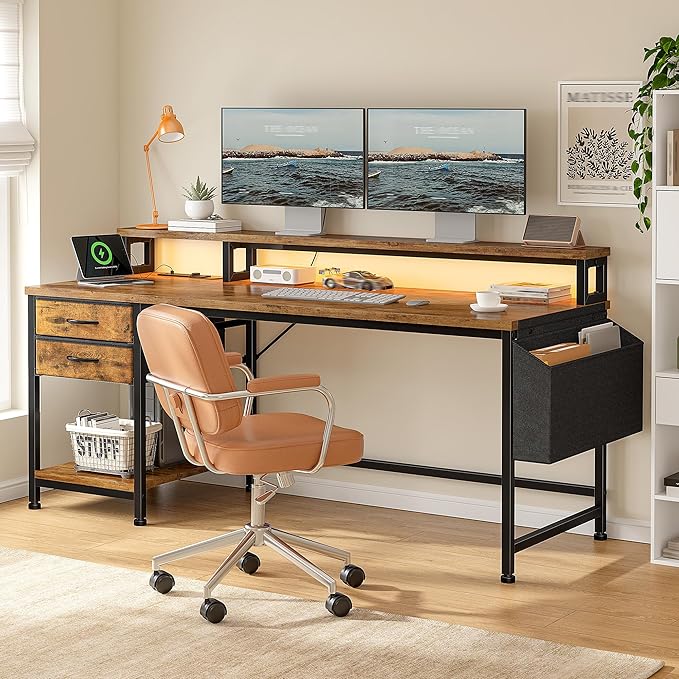 55" Gaming Desk with LED Strip, Computer Desk with Drawers & Storage Bag, Office Desk with Power Outlets & Monitor Stand, Home Office Desks for Bedroom, Gaming Room, Rustic Brown