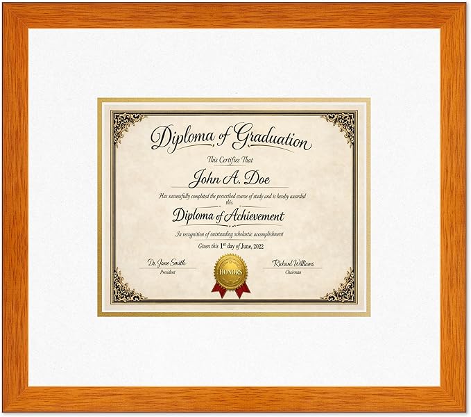 Diploma Frame Honey Oak with Oyster Shell Over Gold Double Mat - Fits 10 x 8 Professional License Wall Display Made in the USA