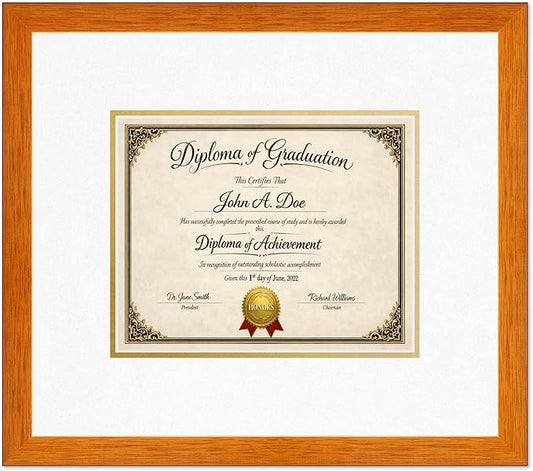 Diploma Frame Honey Oak with Oyster Shell Over Gold Double Mat - Fits 10 x 8 Professional License Wall Display Made in the USA