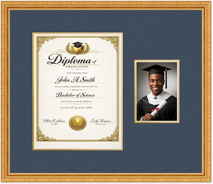 CountryArtHouse Fits 10 x 13 College Diploma (Portrait Traditional) and 5 x 7 Diploma and Photo Frame Museum Gold Genuine Hardwood with Navy Blue Over Metallic Gold Double mat