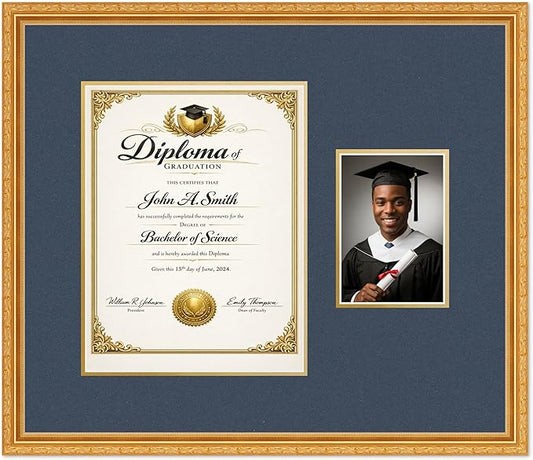 CountryArtHouse Fits 10 x 13 College Diploma (Portrait Traditional) and 5 x 7 Diploma and Photo Frame Museum Gold Genuine Hardwood with Navy Blue Over Metallic Gold Double mat