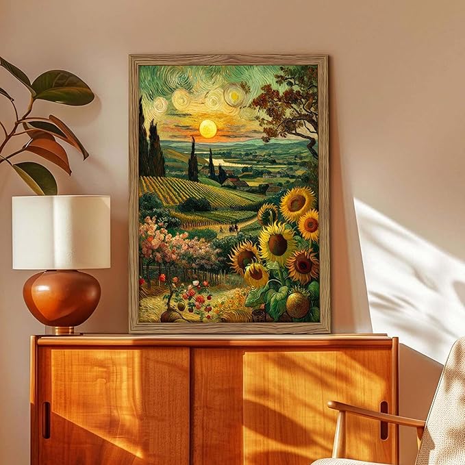 Framed Vintage Sunflower Wall Art, Cottagecore Van Gogh Impressionist Canvas Wall Decor Painting, Rustic Farmhouse Sunset Landscape Artwork Print Picture for Living Room Bedroom 16x24 Inch