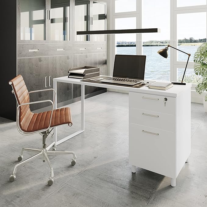 Modern Design Milano Office Desk with 3 Locking Drawers, 48 Inch White Industrial Wood Desk with Filing Drawer and Storage, by Crafts and Comfort