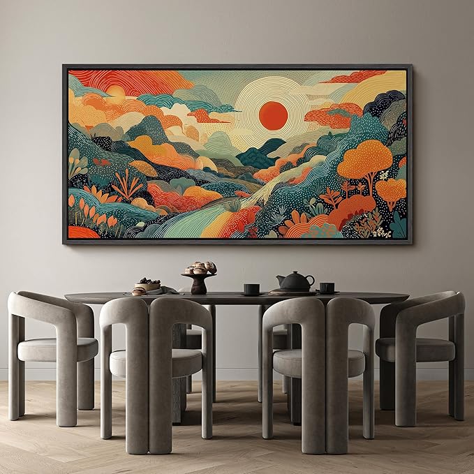 SIGNFORD Extra Large Framed Canvas Whimsical Sunlit Hills Illustrations Modern Art Calm Warm for Living Room, Bedroom, Office - 60"x30"