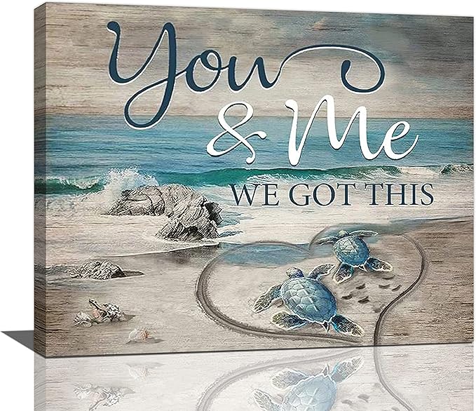yerretin Beach Sea Turtle Bathroom Wall Art Ocean Turtle Pictures Wall Decor Coastal Nautical Seascape Canvas Painting Love Artwork Home Decoration for Bedroom Office Framed 20"x16"