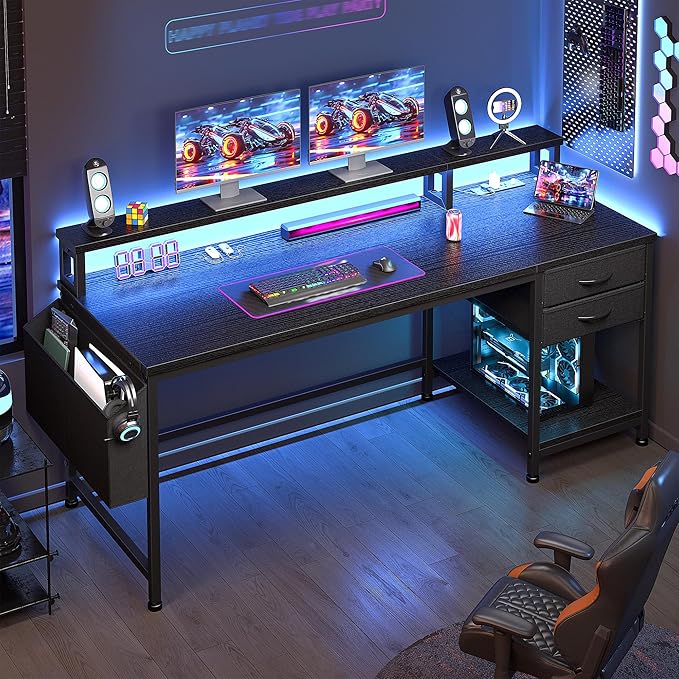 55" Computer Desk with Drawers & Storage Bag, Gaming Desk with Power Outlets and LED Lights, Office Desk with Monitor Stand for Bedroom Gaming Room, Study Work Home Office, Black