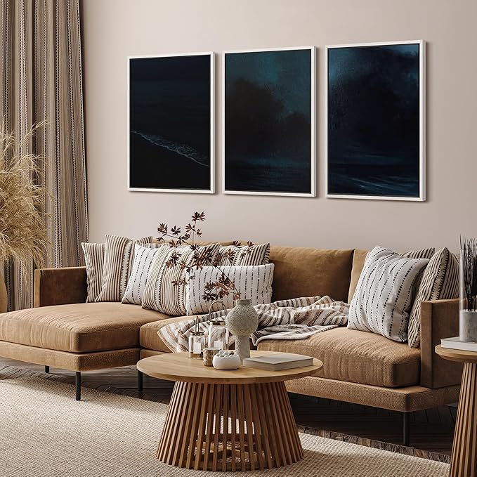 SIGNFORD Framed Wall Art Print Set Midnight Ocean Waves Dramatic Dark Seascape Digital Art Modern Art Contemporary for Living Room, Bedroom, Office - 16"x24"x3 White