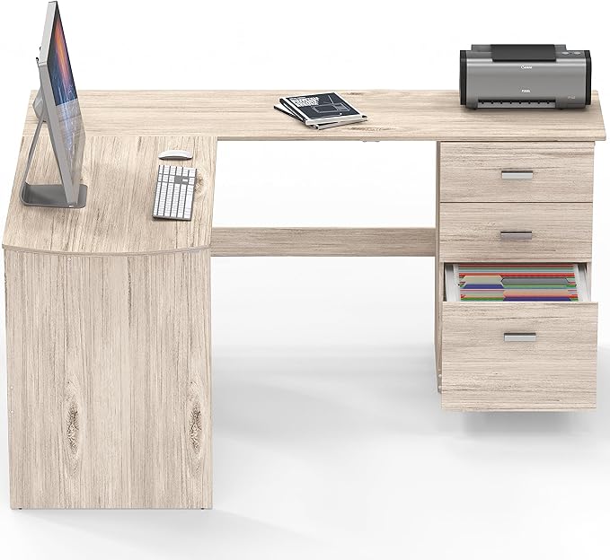SHW 51 x 59 Inches L-Shaped Home Office Wood Corner Desk with Box Box File Drawers, Maple