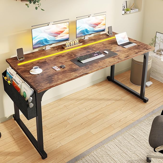 Computer Desk 55 Inch Home Office Desks with Storage Bag,Gaming Writing Work from Home Study Desk with Adjustable LED Lights,Office Desk with Headphone Hook Sturdy Metal Frame, Rustic Brown