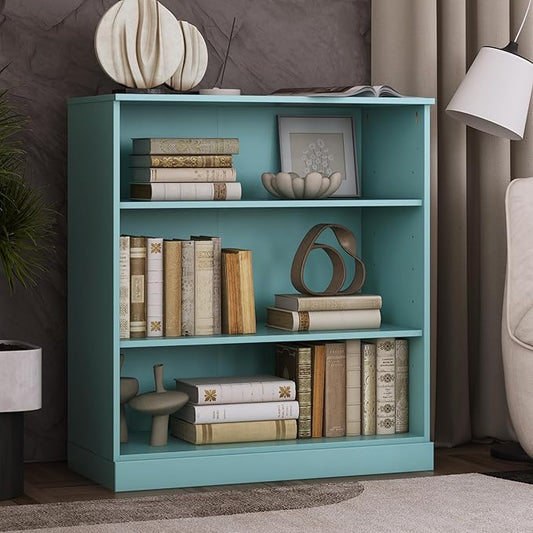 Palace Imports Solid Wood Bookcase - 3 Tier Floor Standing Bookshelf - 36" Short Storage Shelf, 32” Wide - Aqua, Display Furniture for Living Space, Renewable 100% Eco-Friendly Wood, Made in Brazil