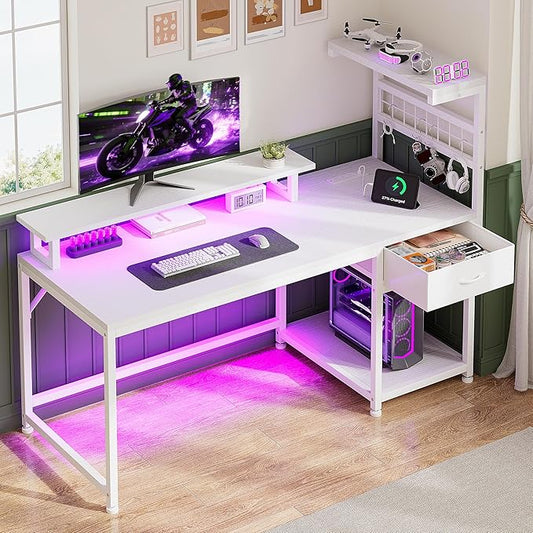 EnHomee 48" Computer Desk with Drawer & Storage Shelves, Home Office Desk with Monitor Stand, Gaming Desk with LED Lights & Power Outlets for Living Room, Study Room, Gaming Room, White