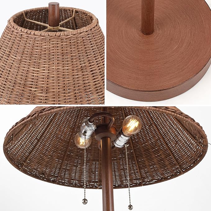 JONATHAN Y 61" Dark Brown Wood Finish 2-Light Coastal Bohemian LED Floor Lamp for Living Room, Brown Rattan Shade, Mid-Century Modern Tall Standing Lamp, Pull-Chain, LED Bulbs Included (JYL3092C)