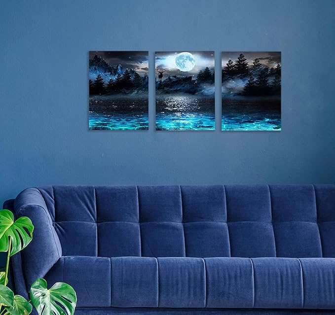 Wall Decorations For Living Room Moon Deer Ocean Landscape Picture Teen Room Decor Wall Art For Bedroom Modern Decor 3 Piece Framed Ready To Hang Moon Wall Art 3 Piece Wall Art Size 12x16 Each Panel