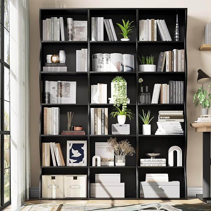 71" Triple Wide Bookshelf, 6 Tier Tall Bookcase with Storage, Large Book Shelves with 18 Open Display Shelves, Black Bookcase for Living Room, Study, Home Office, Library (Black)