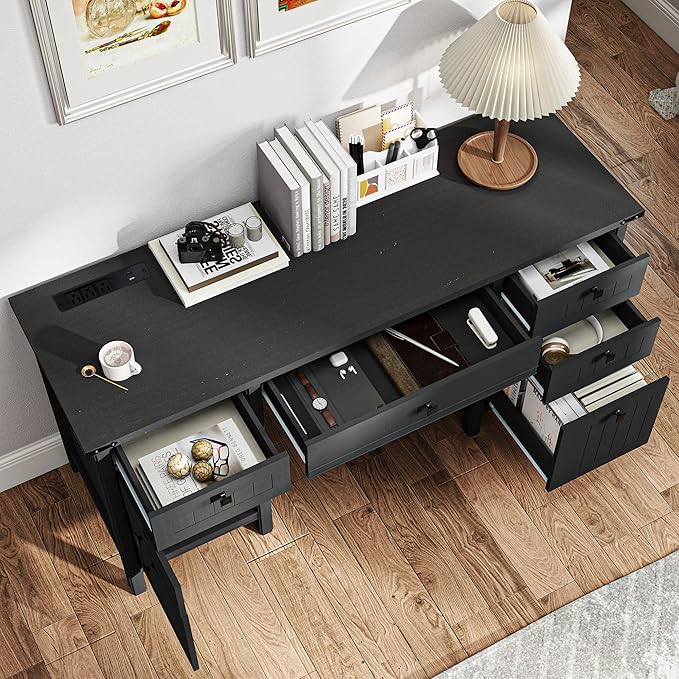 Farmhouse Executive Desk with Drawers - 62" W Farmhouse Computer Desk with Power Outlets & USB Charging, Heavy Duty Storage Desk for Home Office & Study.Black