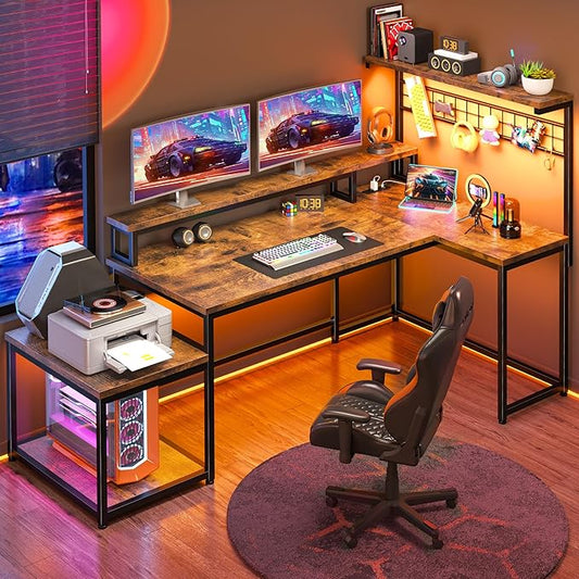 EnHomee 56" Medium L Shaped Gaming Desk with LED & Power Outlets,Computer Desk with Monitor Stand & Print Stand for Home Office,Reversible Corner Gaming Table with Storage Shelf & Hooks,Rustic Brown