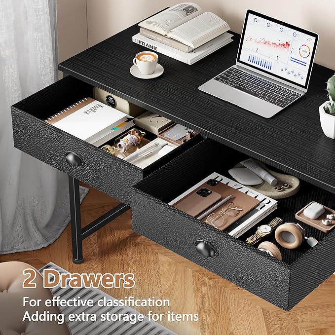 Furologee Small Computer Desk with 2 Fabric Drawers for Bedroom, 40 Inch Simple Home Office Desk for Small Space, Study Work Writing Table with Hooks for Kids Student, Black