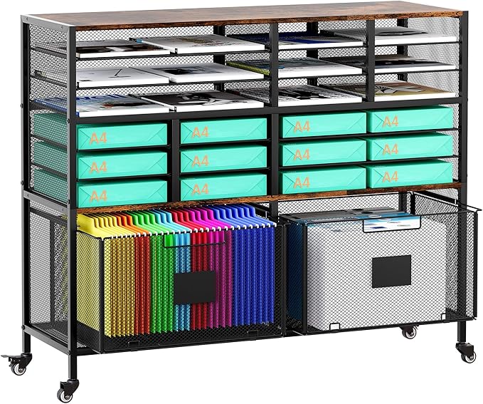 18 Slots Lateral File Cabinet with 2 Drawers, Mobile Filling Cabinet with Open Storage Shelves, Hanging File Folder For Letter Size, Metal Bookshelf Organizer Cart for Office Home, Black