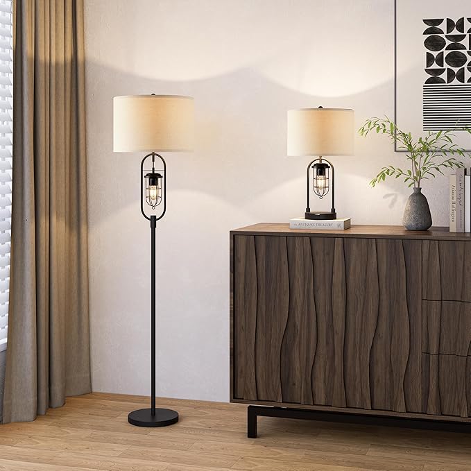 KAWOTl Farmhouse Floor Lamp with Night Light, 62.5’’ Industrial Bronze Standing Lamp for Living Room, Bedroom, Home Office, Rustic Lantern-Style (LED Bulbs Included)