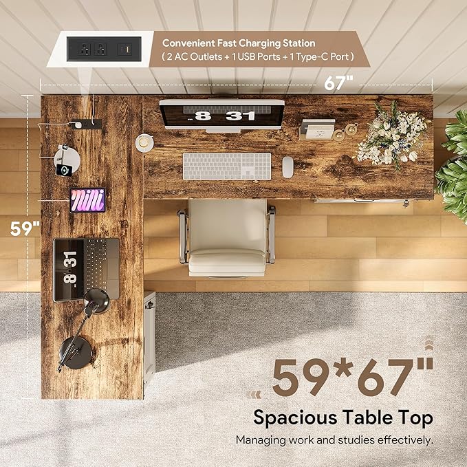 L Shaped Farmhouse Executive Desk with Drawers, 67" Home Office Desks with Fast Charging Station, Lockable File Cabinet, Wood Writing Computer Desk for Work, Study, White