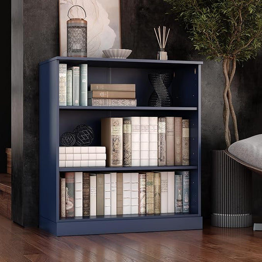 Palace Imports Solid Wood Bookcase - 3-Tier Floor Standing Bookshelf - 36" Short Storage Shelf, 32” W - Navy Blue, Display Furniture for Room, Renewable 100% Eco-Friendly Wood, Made in Brazil