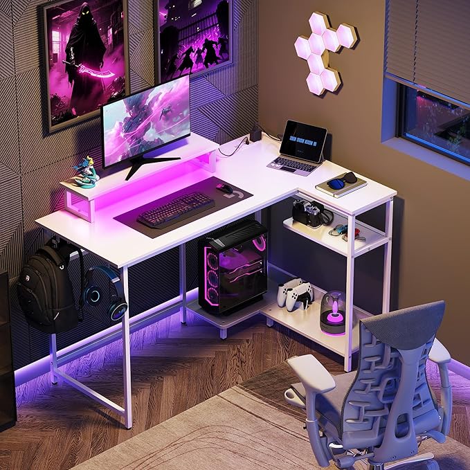 DEVAISE 47 Inch L Shaped Gaming Desk with LED Lights & Power Outlets, Corner Desk for Small Spaces, Sturdy PC Computer Table with Storage for Home Office, White