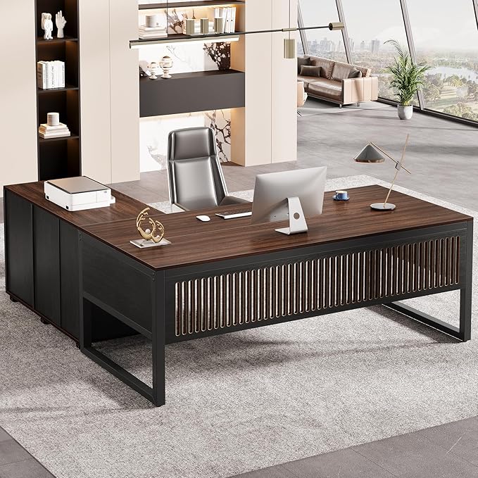 Tribesigns 63-Inch Executive Desk, Large Office Desk with Mobile File Cabinet, Modern L-Shaped Computer Desk Business Furniture with Door Storage Cabinet for Home Office, Dark Walnut & Black