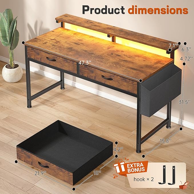 47.3Inch Office Computer Desk with LED Lights & 2 Fabric Drawers, Gaming Desk with Side Pocket & Ergonomic Monitor Stand, Small Space Study Writing Table with Anti-Tip Design, Rustic Brown