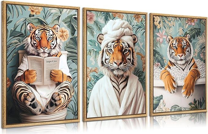 3pcs Funny Bathroom Tiger Canvas Wall Art Boho Tropical Botanical Tiger Reading Newspaper On Toilet Posters Prints Animal In Bathtub Wall Decor Pictures for Bathroom Decoration Unframed