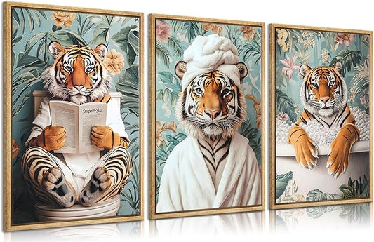 3pcs Funny Bathroom Tiger Canvas Wall Art Boho Tropical Botanical Tiger Reading Newspaper On Toilet Posters Prints Animal In Bathtub Wall Decor Pictures for Bathroom Decoration Unframed